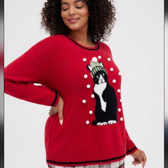 Torrid 5X Pullover Crew Neck Sweater-Holiday Red Cat Poms NWOT, never worn - Picture 5 of 5